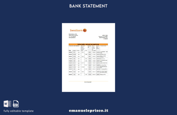 modello Excel di estratto conto bancario Lituania Swedbank in stile verificato